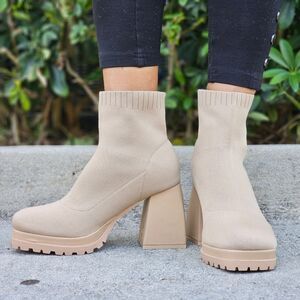 Women's Chunky Block Heel Sock Boots Nude Color